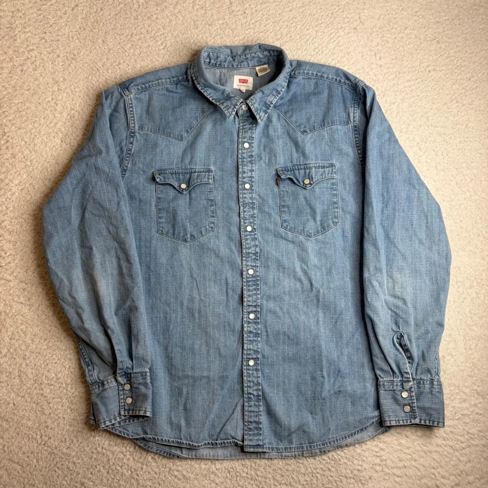 Levis Mens XXL Western Denim Shirt Light Wash Blue Pearl Snap Button Down